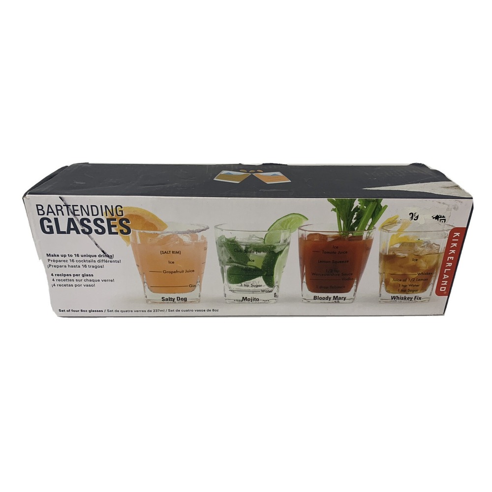Recipe Bartending Glasses (Set of 4) Clear Thick Glass & Heavy New In Box Gift